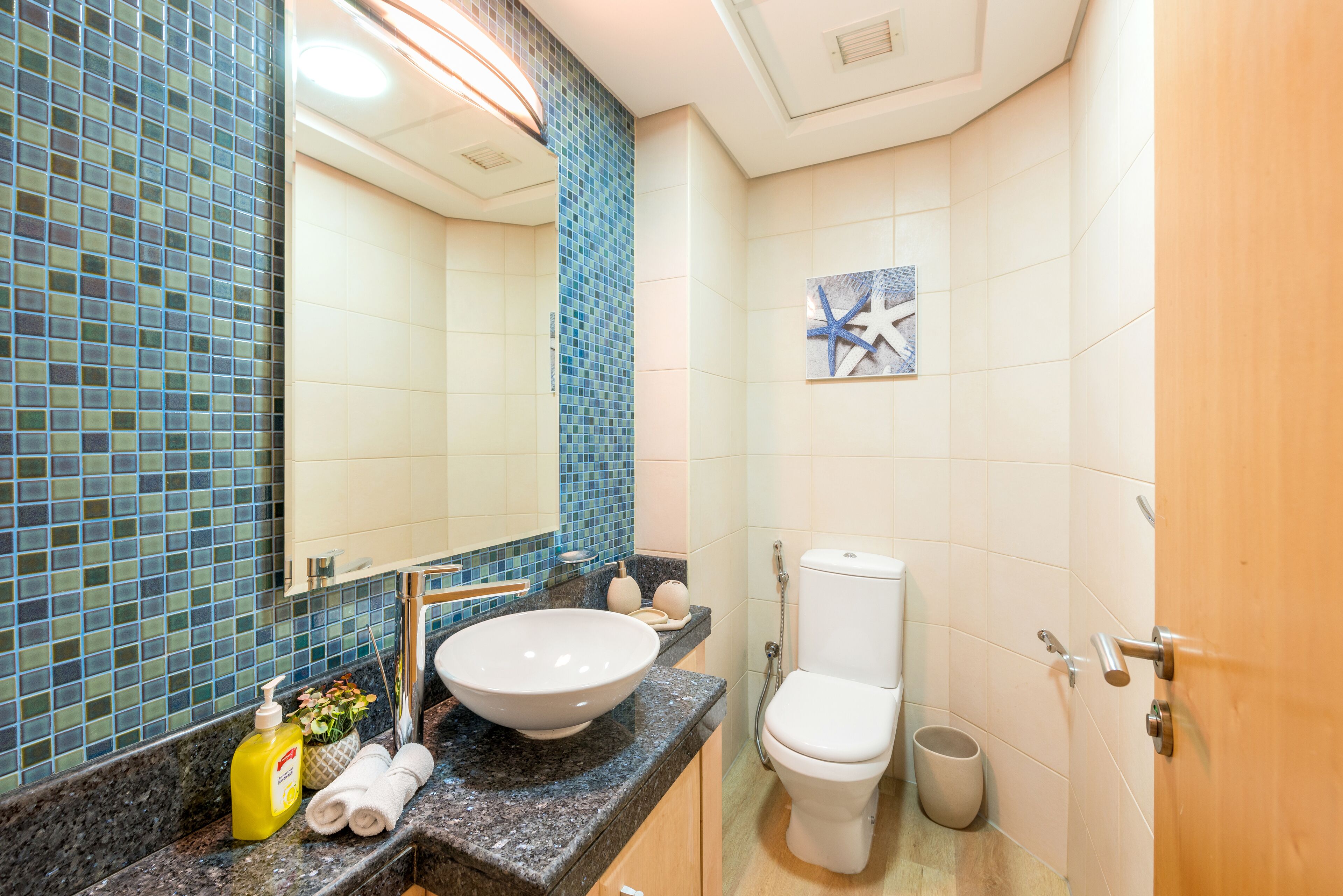Ein Badezimmer mit blauer Mosaikfliesenwand, einem weißen Waschbecken, einer Toilette und einer Holztür.