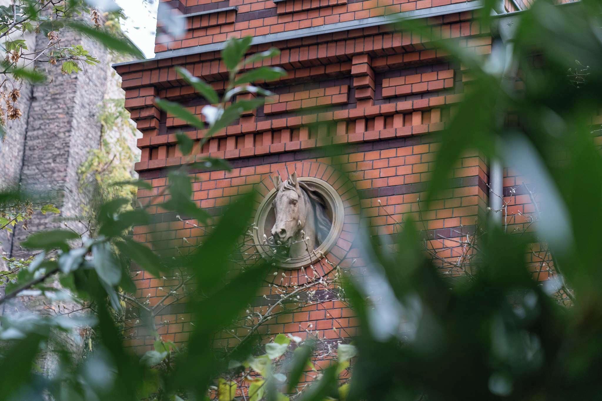 Un edificio de ladrillo con un ventanal circular que muestra la cabeza de un caballo.