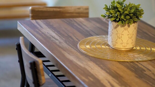 A wooden dining table with a potted plant and a gold placemat. - Gorgeous Guesthouse Near Amazing Downtown (San Antonio)