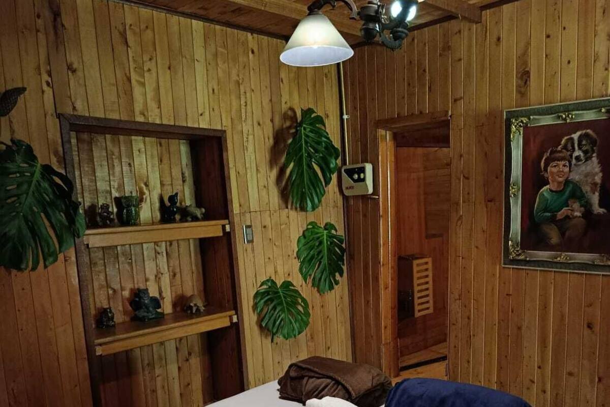 A wooden room with a bed, a ceiling fan, and a framed picture on the wall.