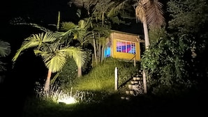 A small, elevated house with a colorful window, surrounded by lush greenery and palm trees at night. - Biohotel Ecohouse (Guarne)