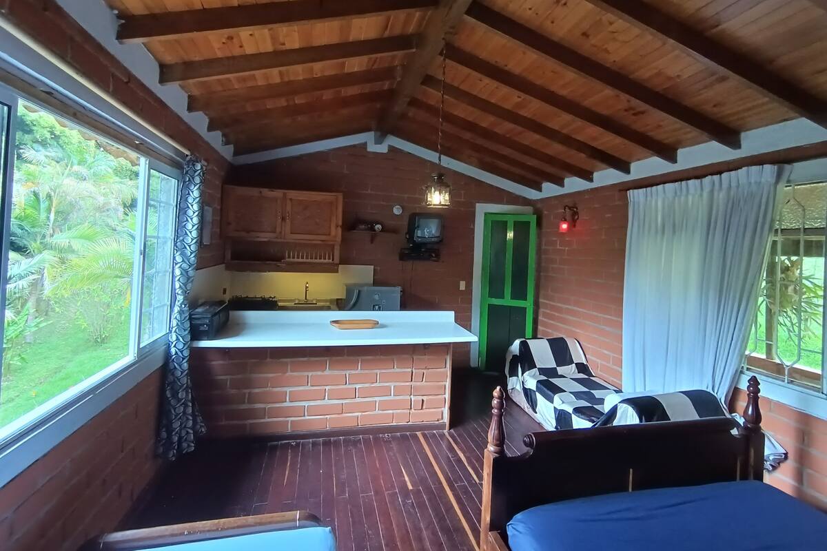 A compact cabin with a kitchen area, a bed, and a view of the outdoors.