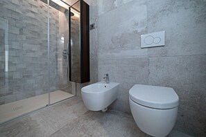 Shower, hair dryer, towels, toilet paper