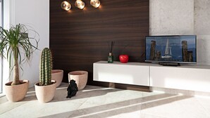Een moderne receptie met een houten wand, een televisie waarop een reiswebsite wordt weergegeven en potplanten.