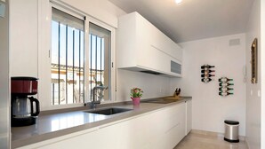 Een moderne keuken met een ingebouwde oven, een koffiezetapparaat, een spoelbak en een potplant.