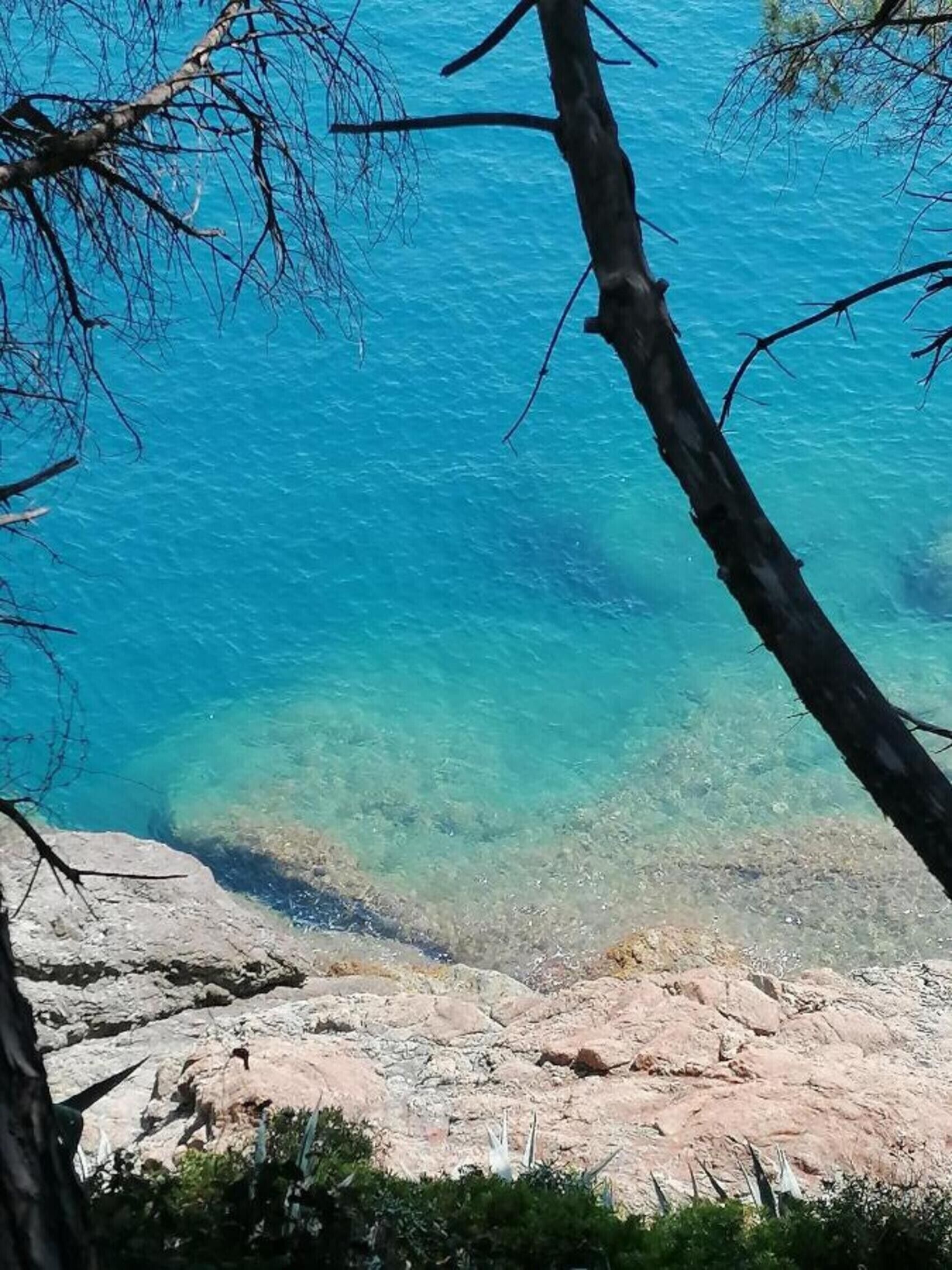 Un littoral rocheux bordé d’une eau d’un bleu limpide.