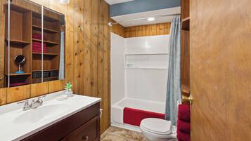 Hair dryer, towels, soap, toilet paper