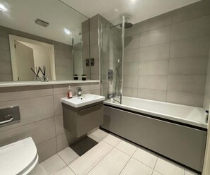 Bathtub, hair dryer, towels