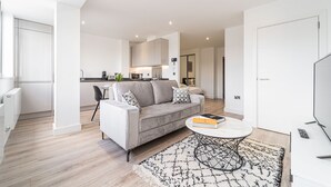 A modern living room with a grey sofa, a coffee table, and a TV. - Solihull Studio | Parking • WiFi • NEC • BHX (Solihull)