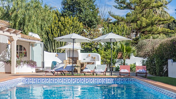Ein Pool mit Liegestühlen und Sonnenschirmen, umgeben von Kakteen und Bäumen.