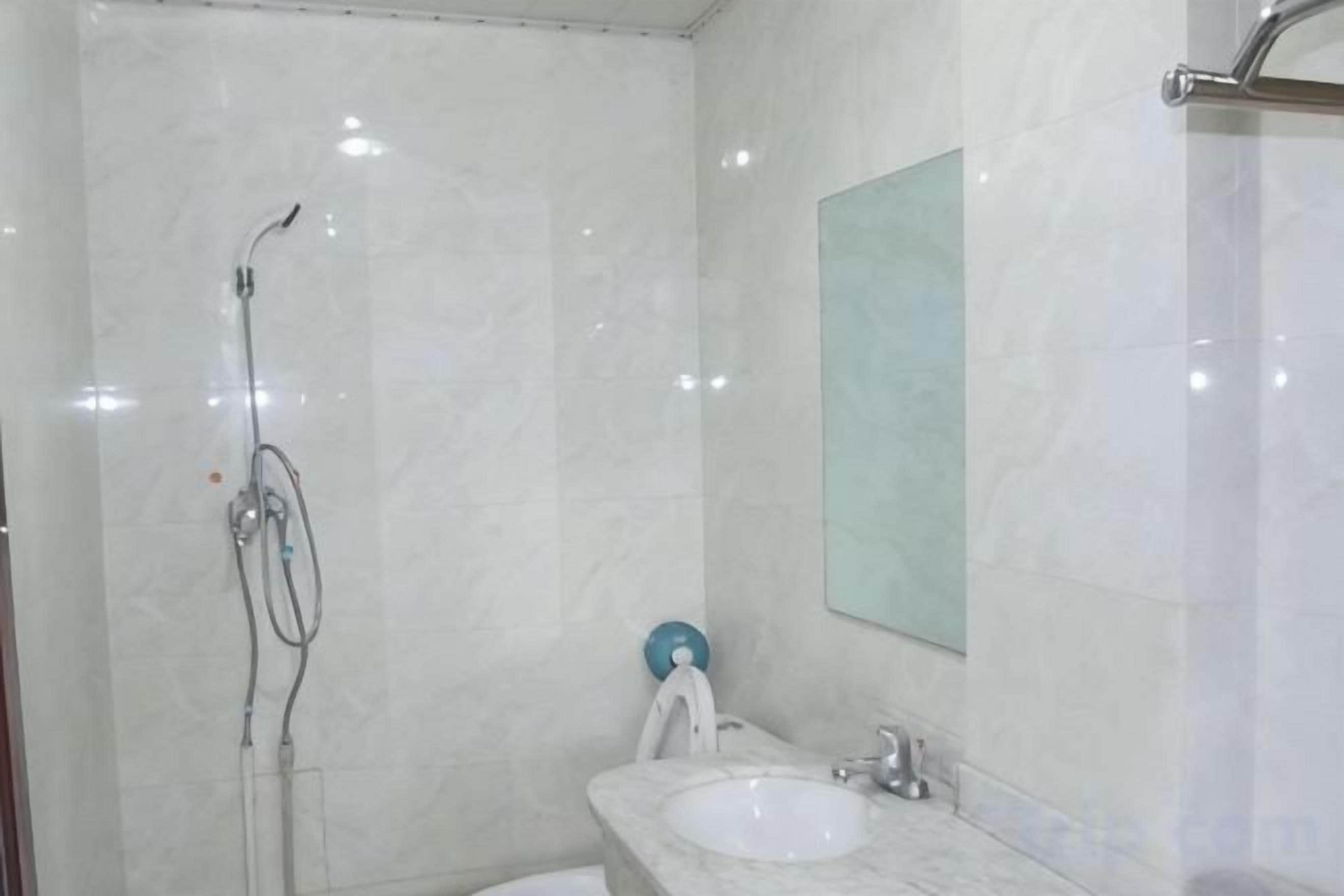 A bathroom with a shower, sink, and mirror.