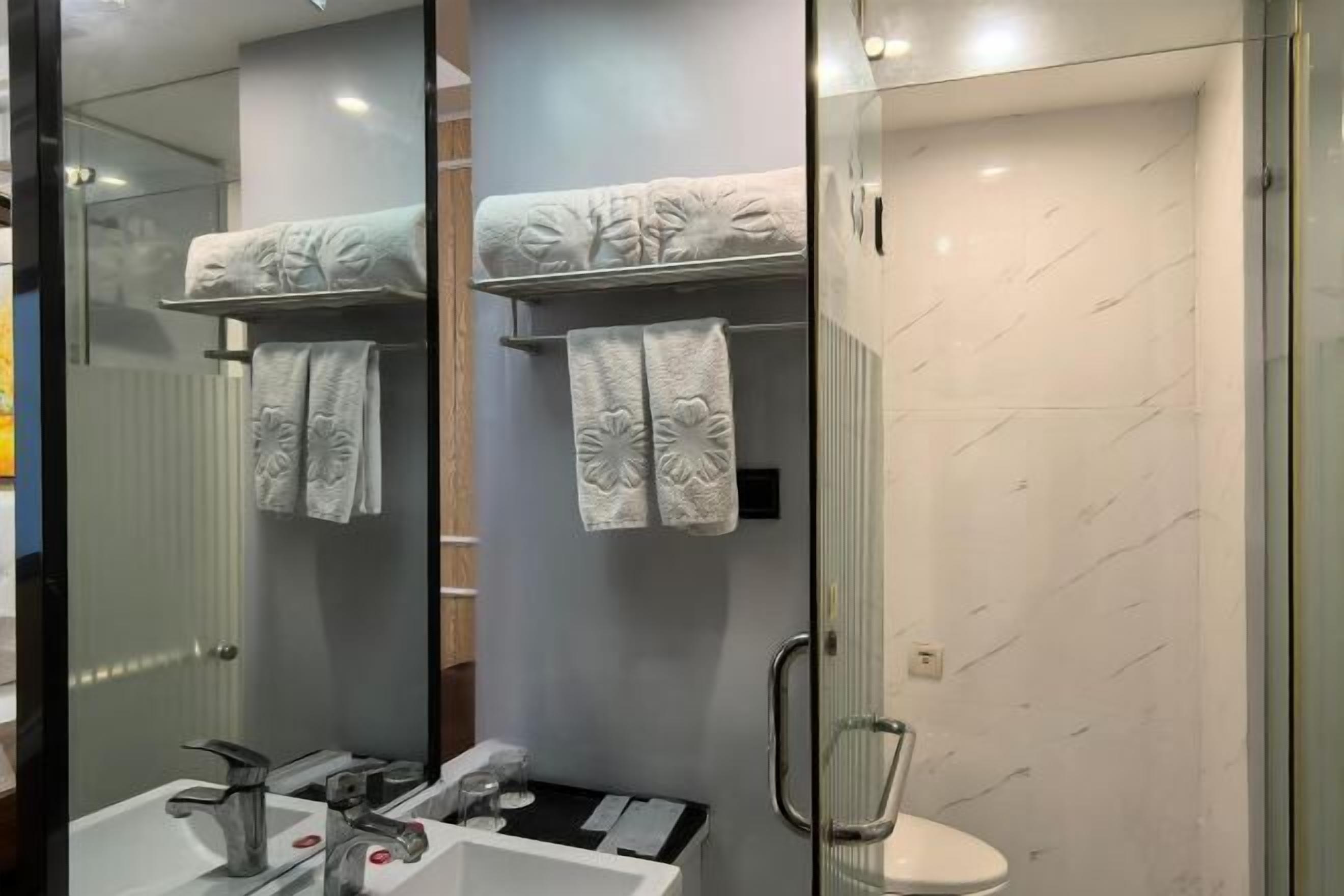 A modern bathroom with a glass shower enclosure, a white sink with a silver faucet, and a toilet.