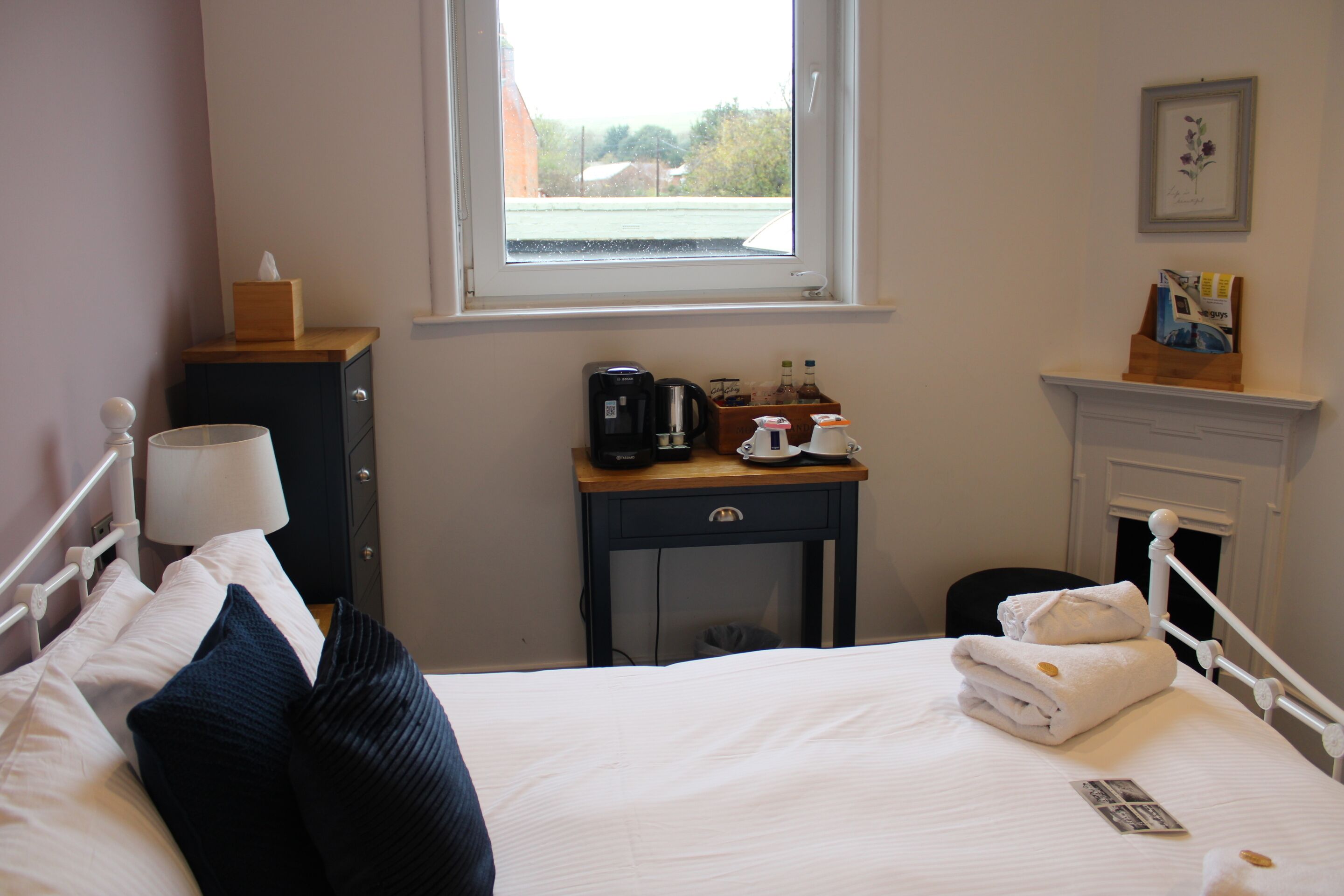 A neatly made bed with pillows, a bedside table with a coffee maker, a lamp, and a framed picture on the wall.