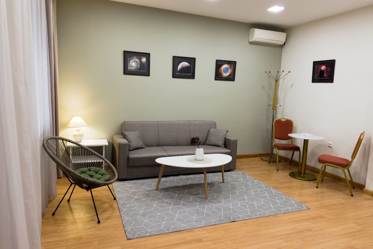 Familjelägenhet - 1 queensize-säng med bäddsoffa - icke-rökare - utsikt mot staden | Vardagsrum | 32-tums platt-tv med digitalkanaler och tv