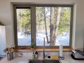 Una cocina con vista a un bosque nevado por la ventana, un lavamanos, un tostador y una planta en el alféizar.