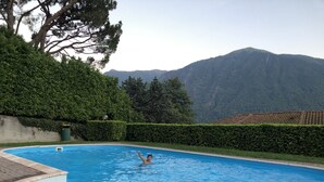 A swimming pool with a mountain backdrop, surrounded by greenery and a hedge. - Penthaus am Luganersee - Comer See (Carlazzo)