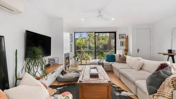 TV, fireplace, books, offices