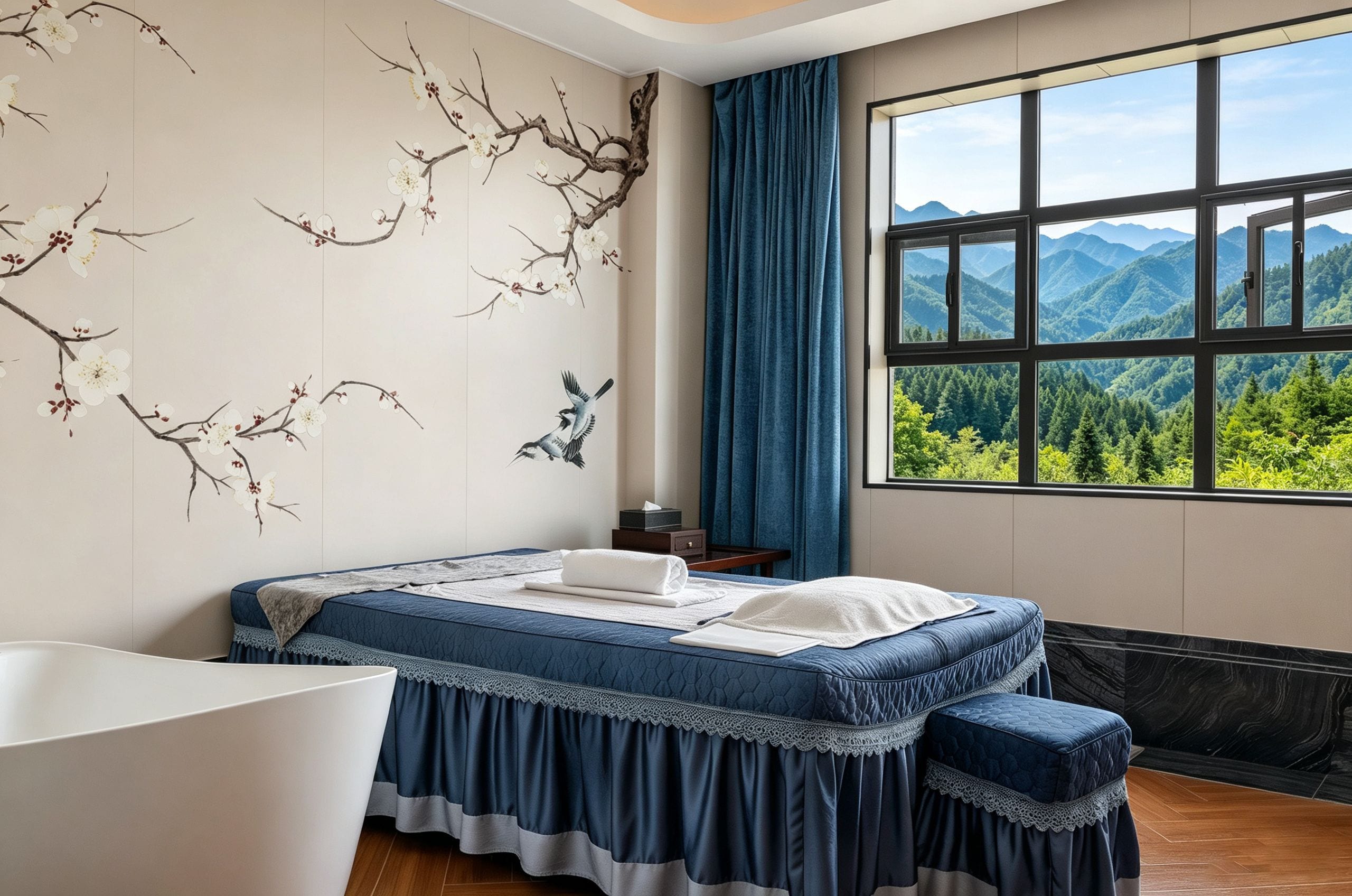 Un dormitorio con cama, mesita de noche, ventana con vista a la montaña y un mural en la pared con motivos de ramas y flores.