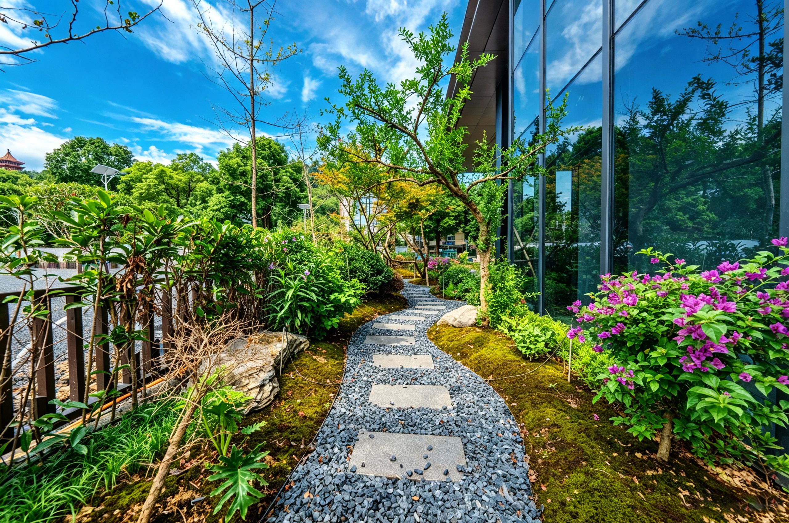 A pathway with stepping stones leading through a garden with various plants and trees.