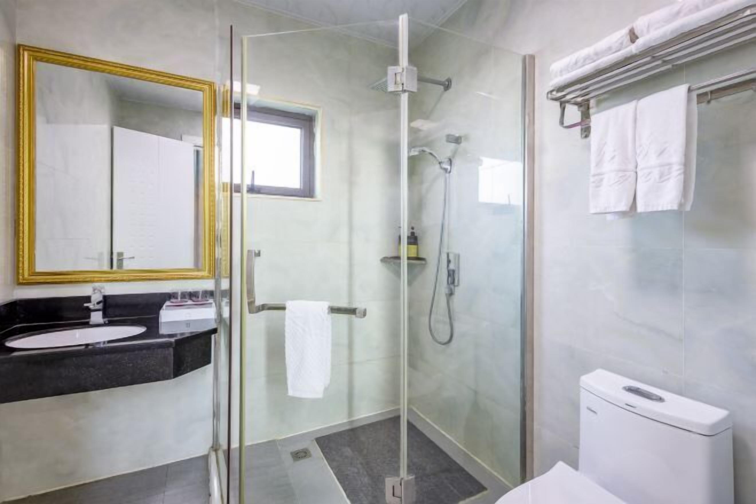 Une salle de bain moderne avec une douche à parois de verre, un grand miroir avec un cadre doré, un lavabo noir et un WC blanc.