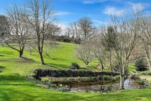 Paisaje rural con un puente de piedra sobre un arroyo, rodeado de árboles y campos cubiertos de hierba.