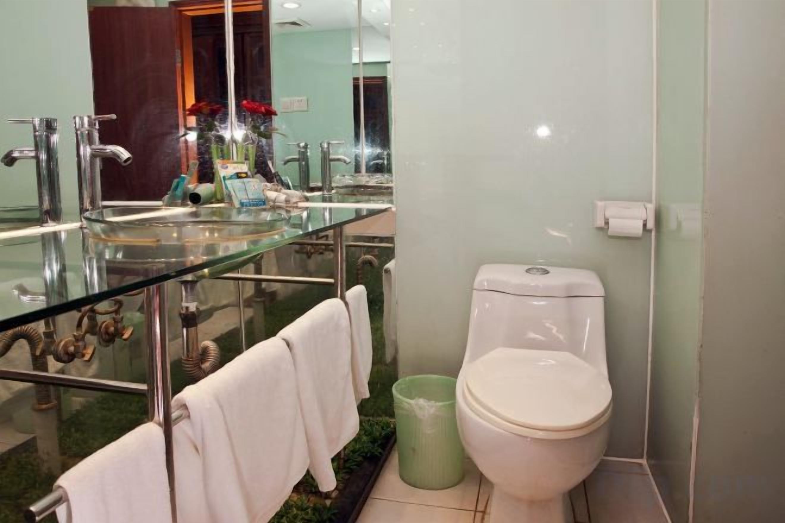 A bathroom with a glass-enclosed sink, a toilet, and a green trash bin.
