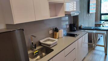 Microwave, stovetop, coffee/tea maker, toaster