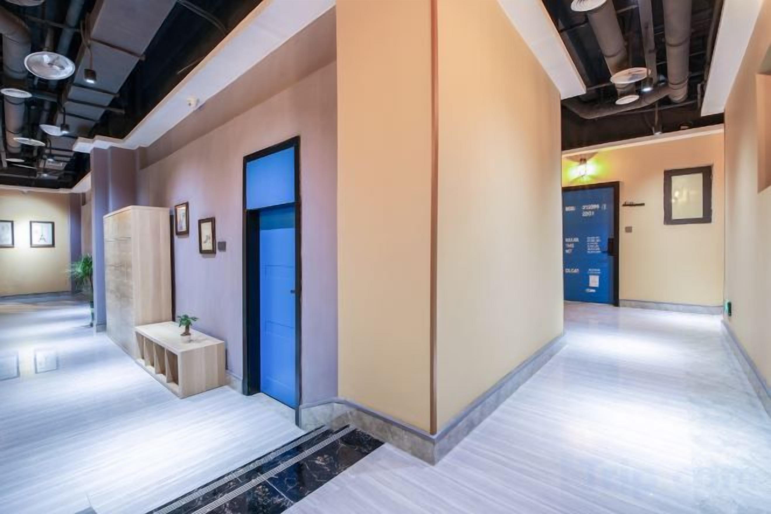 A hotel corridor with a blue door, a small table with a plant, and framed pictures on the walls.