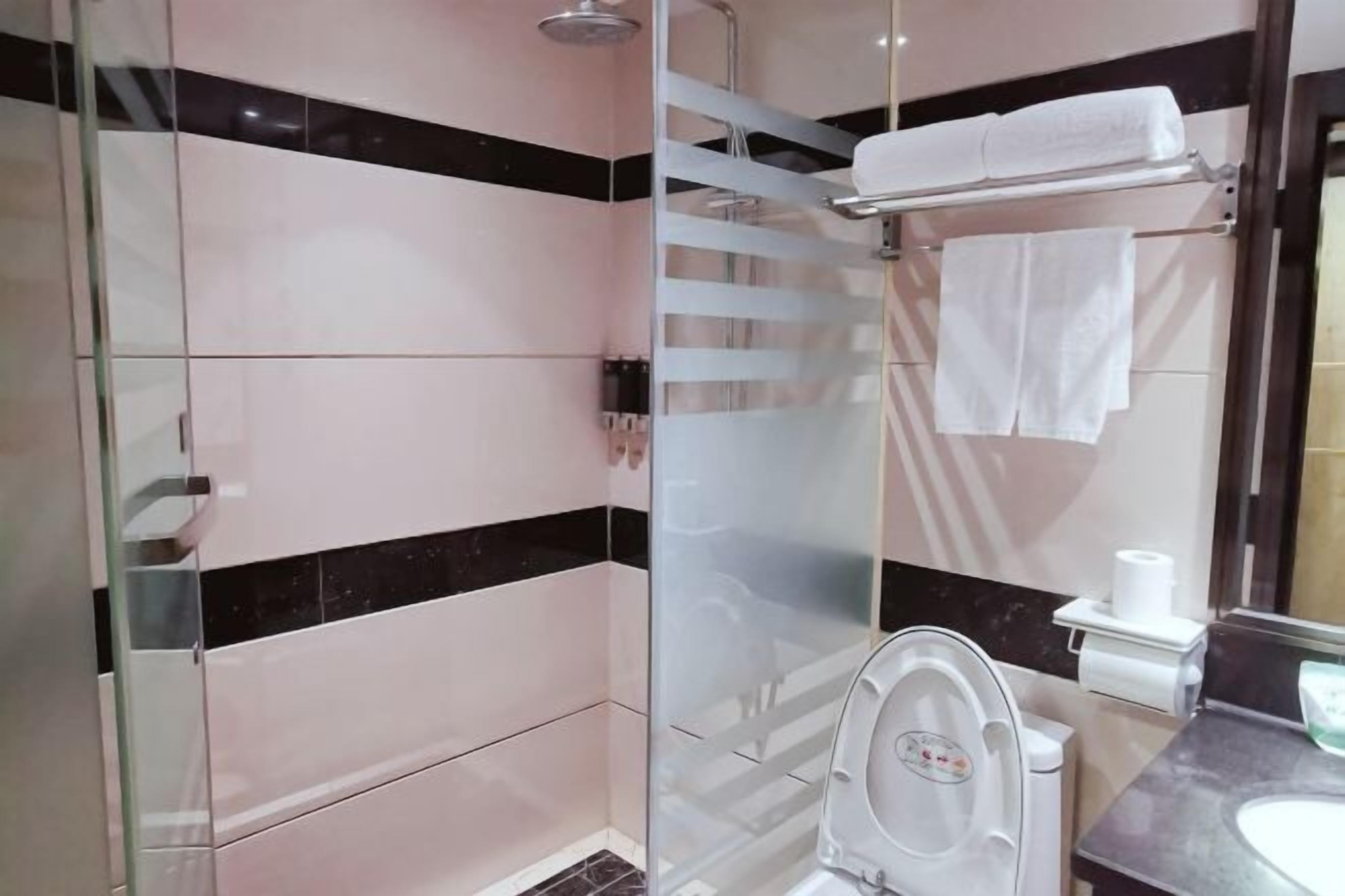 A modern bathroom with a glass shower enclosure, a white toilet, a sink, and a towel rack with two towels.