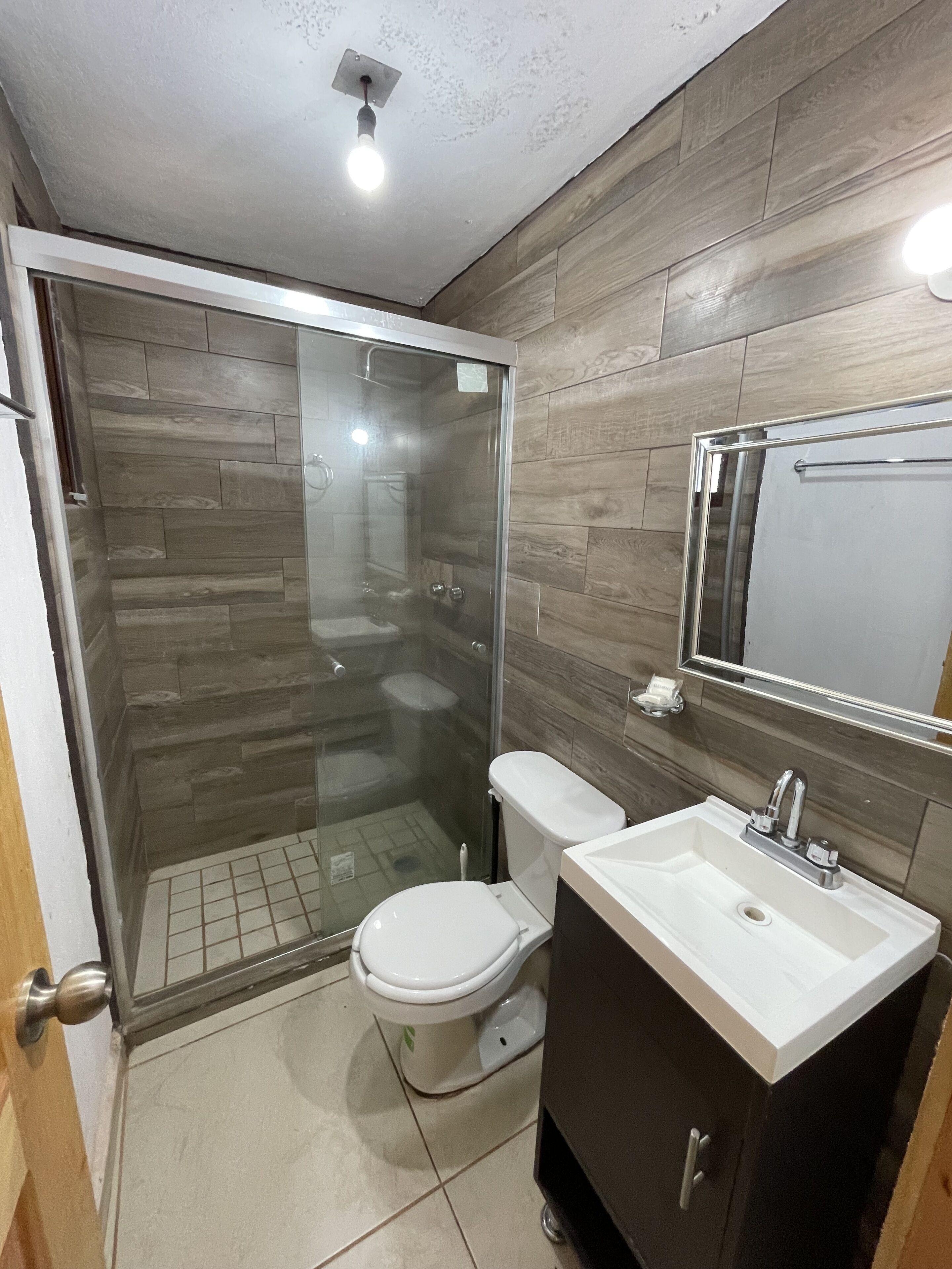 Un baño con ducha de vidrio, inodoro y lavamanos con espejo.