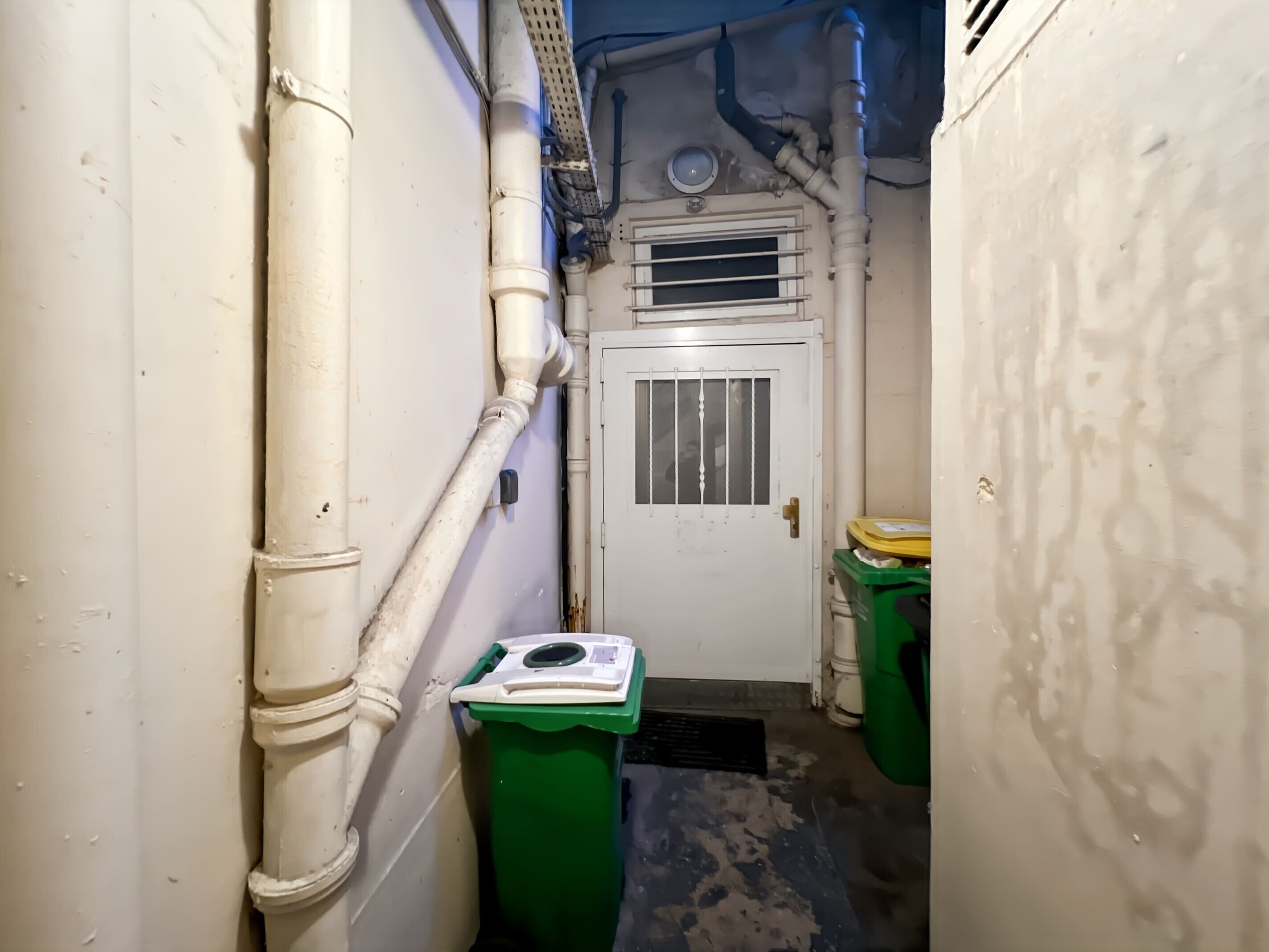 A narrow hallway with white walls, a white door with barred windows, and a green trash bin.
