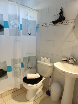 Traditional Cabin | Bathroom | Shower, hair dryer, towels, toilet paper - Cabañas Te Pito Kura (Hanga Roa)