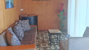 Une pièce chaleureuse avec un plafond en bois, un téléviseur à  écran plat fixé au mur, un canapé agrémenté de coussins à motifs, une petite table avec un plateau en verre et une plante décorative.