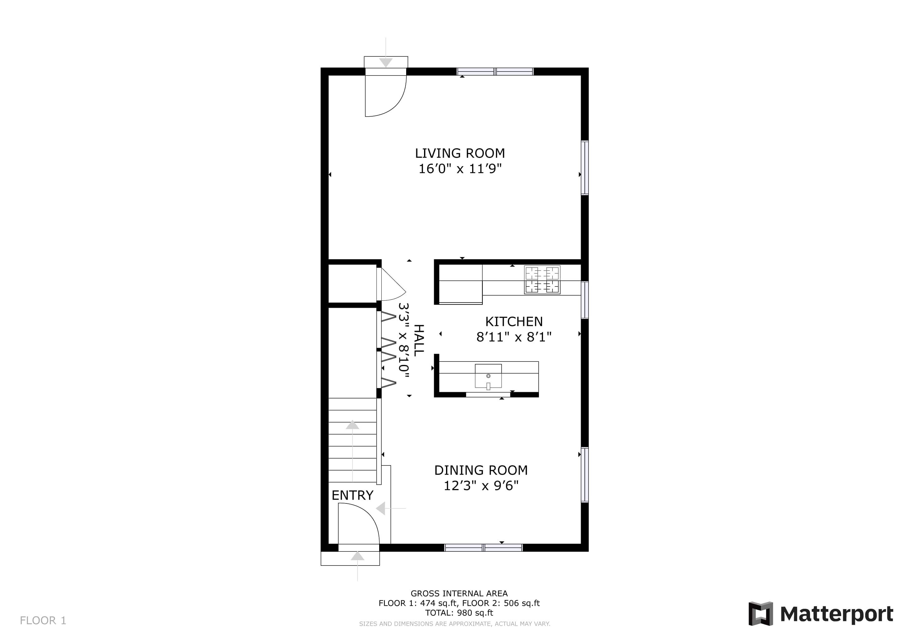 A floor plan of a house with a living room, kitchen, dining room, and entry.