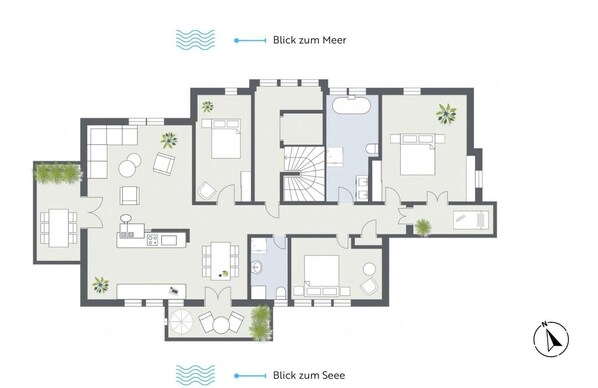 Un plan d’étage d’une maison comprenant une cuisine, un coin repas, un salon, deux chambres, une salle de bain et un escalier.