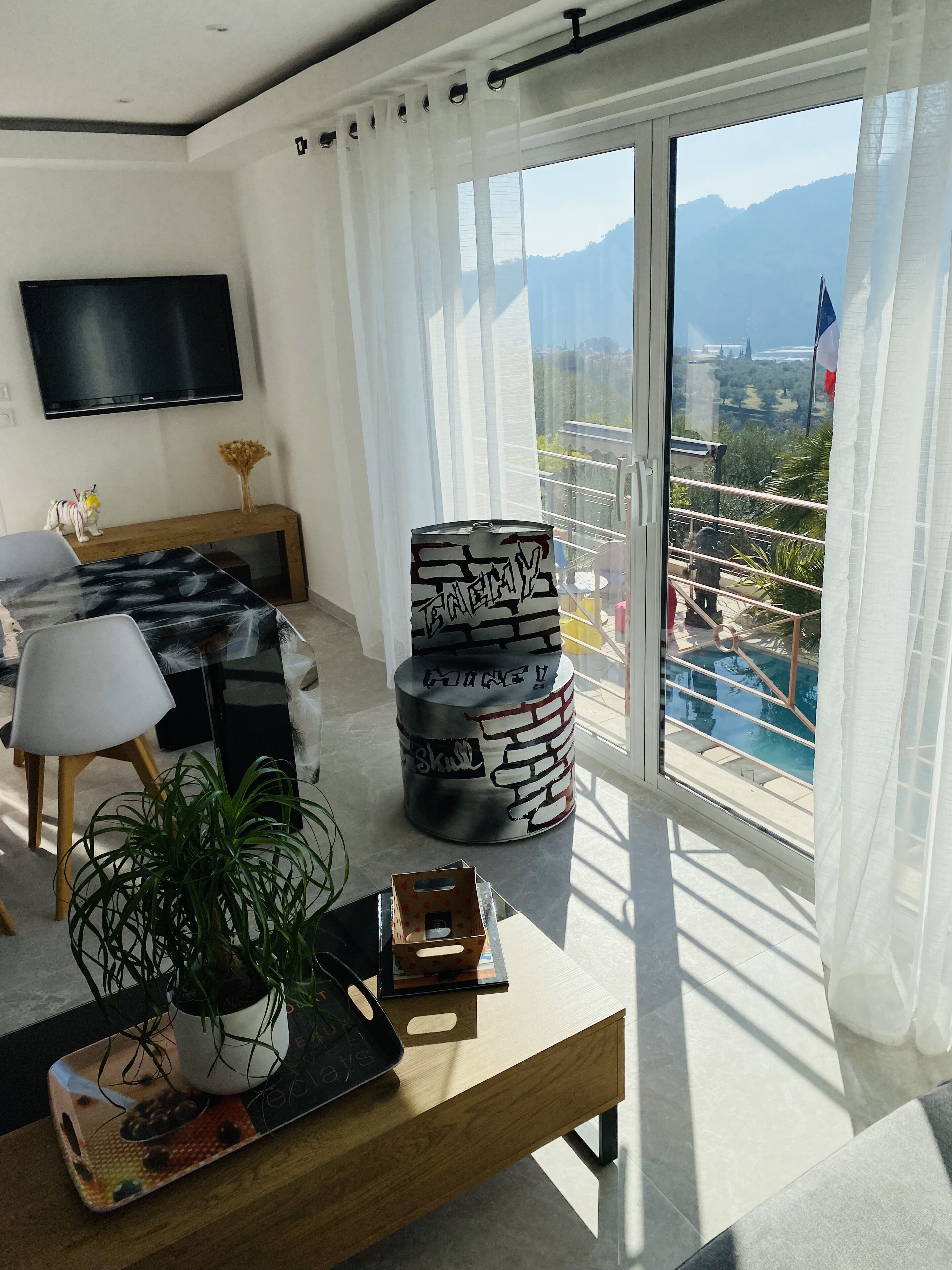 A modern living room with a sofa, a coffee table with a plant, and a TV mounted on the wall.