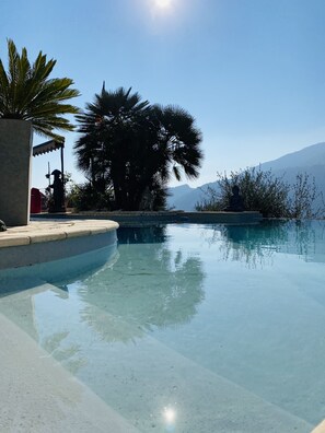 A clear swimming pool with a stone edge, surrounded by palm trees and a Buddha statue. - Charming Villa (Saint-Martin-du-Var)
