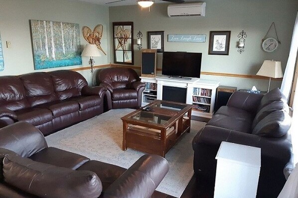 TV, fireplace, video games, DVD player