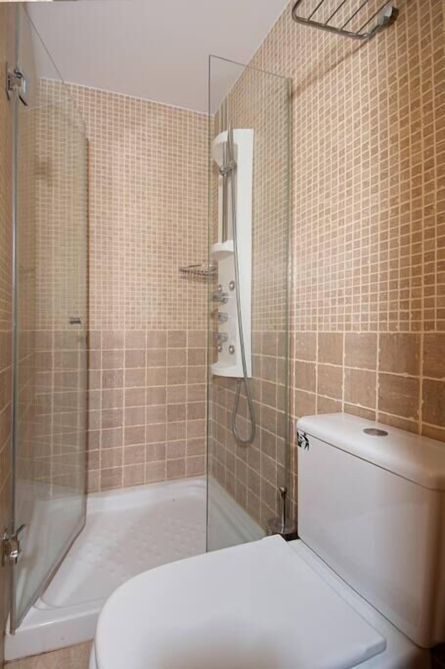 Een badkamer met een douchecabine van glas, een wit toilet en betegelde wanden.