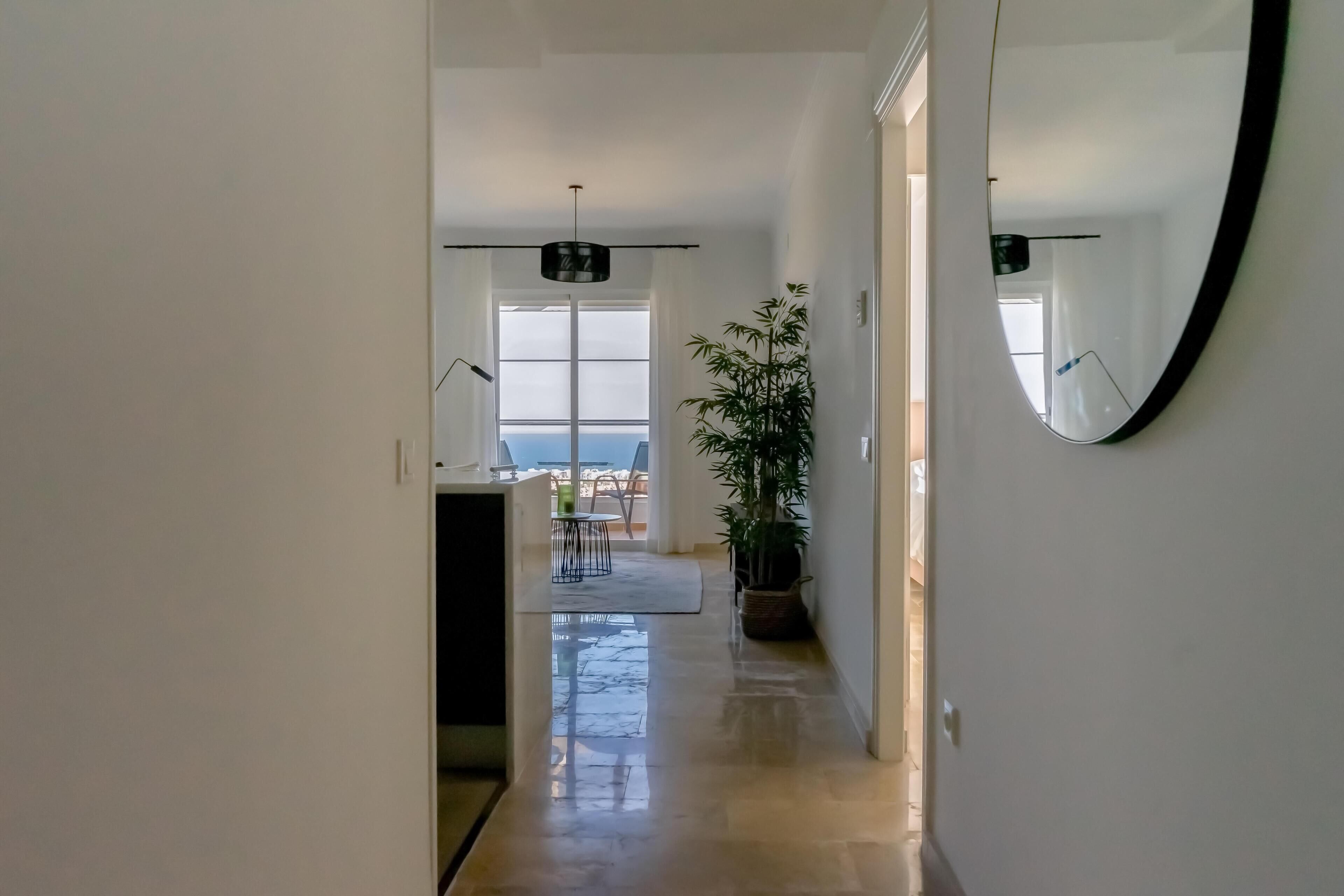 A hallway with a large mirror, a potted plant, and a view of a balcony.