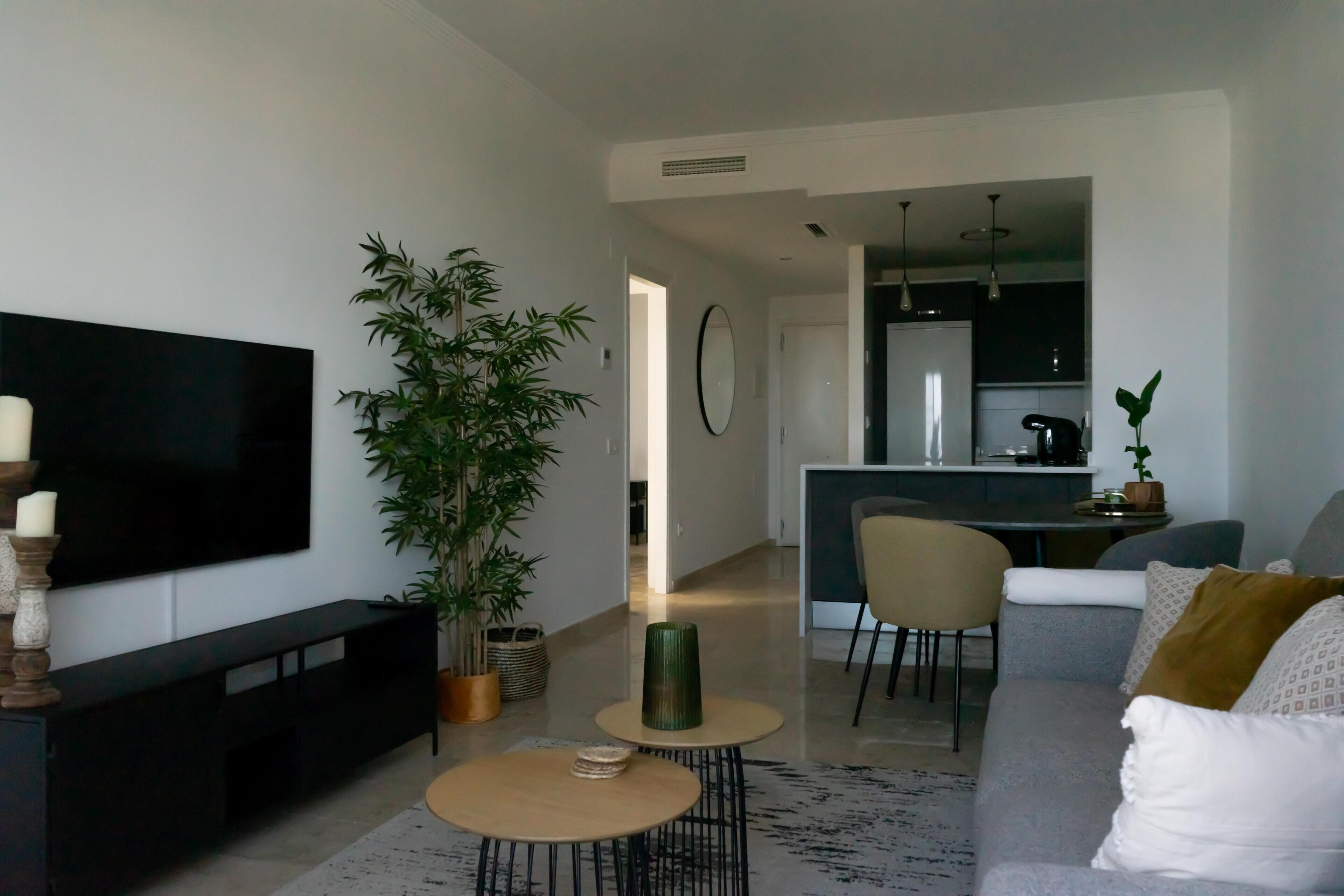 A modern living room with a flat-screen TV, a sofa, a coffee table, and a dining area with chairs.