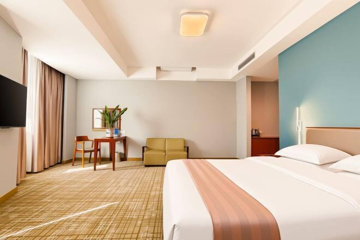 A hotel room with a large bed, a desk with a chair, a small table with a plant, and a television on the wall.
