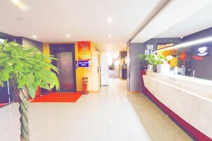 Zona de recepción de un hotel, con mostrador, alfombra roja y planta en maceta.