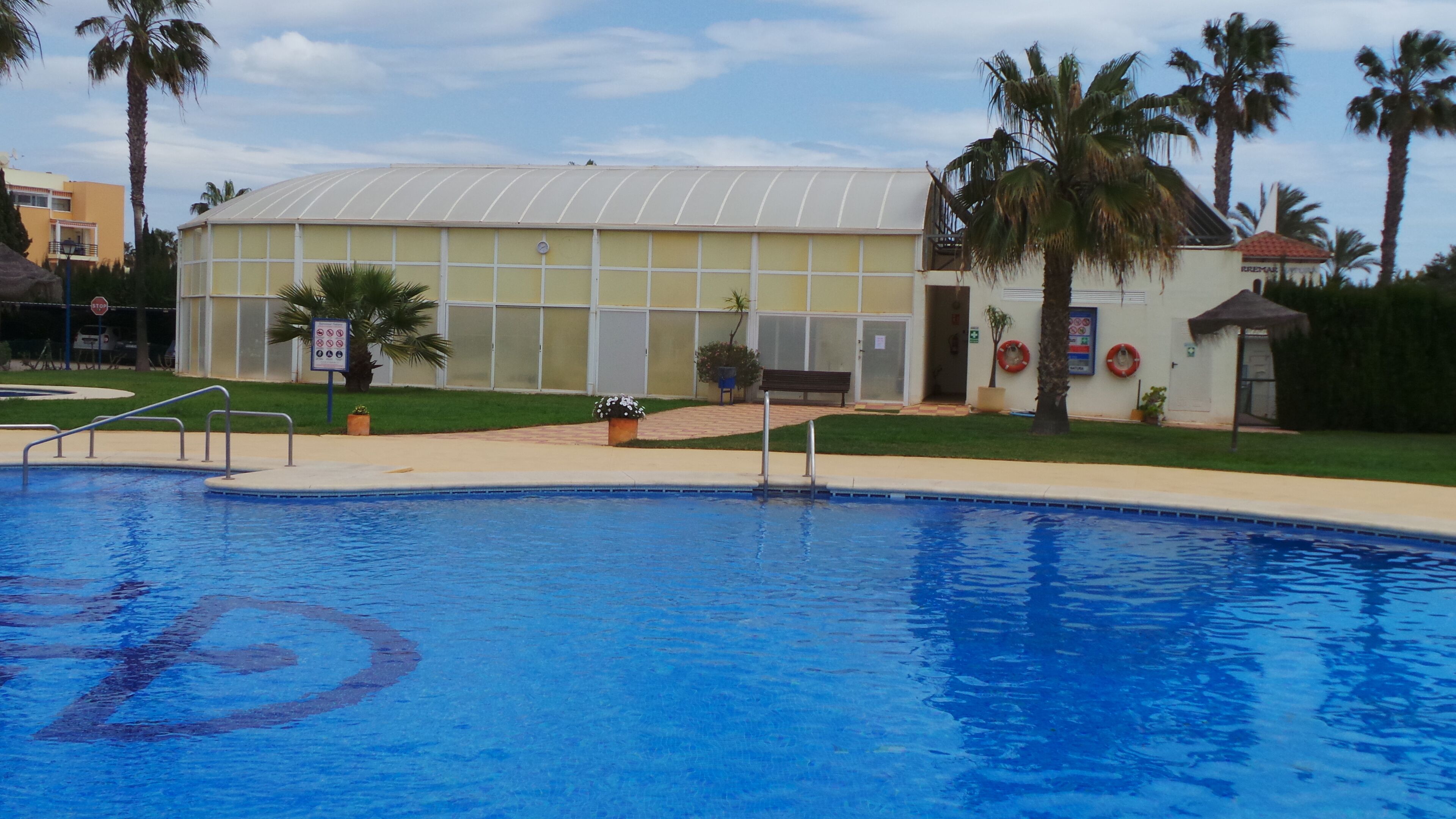 Une piscine entourée de parois en verre, des palmiers et un bâtiment doté d’un toit blanc.