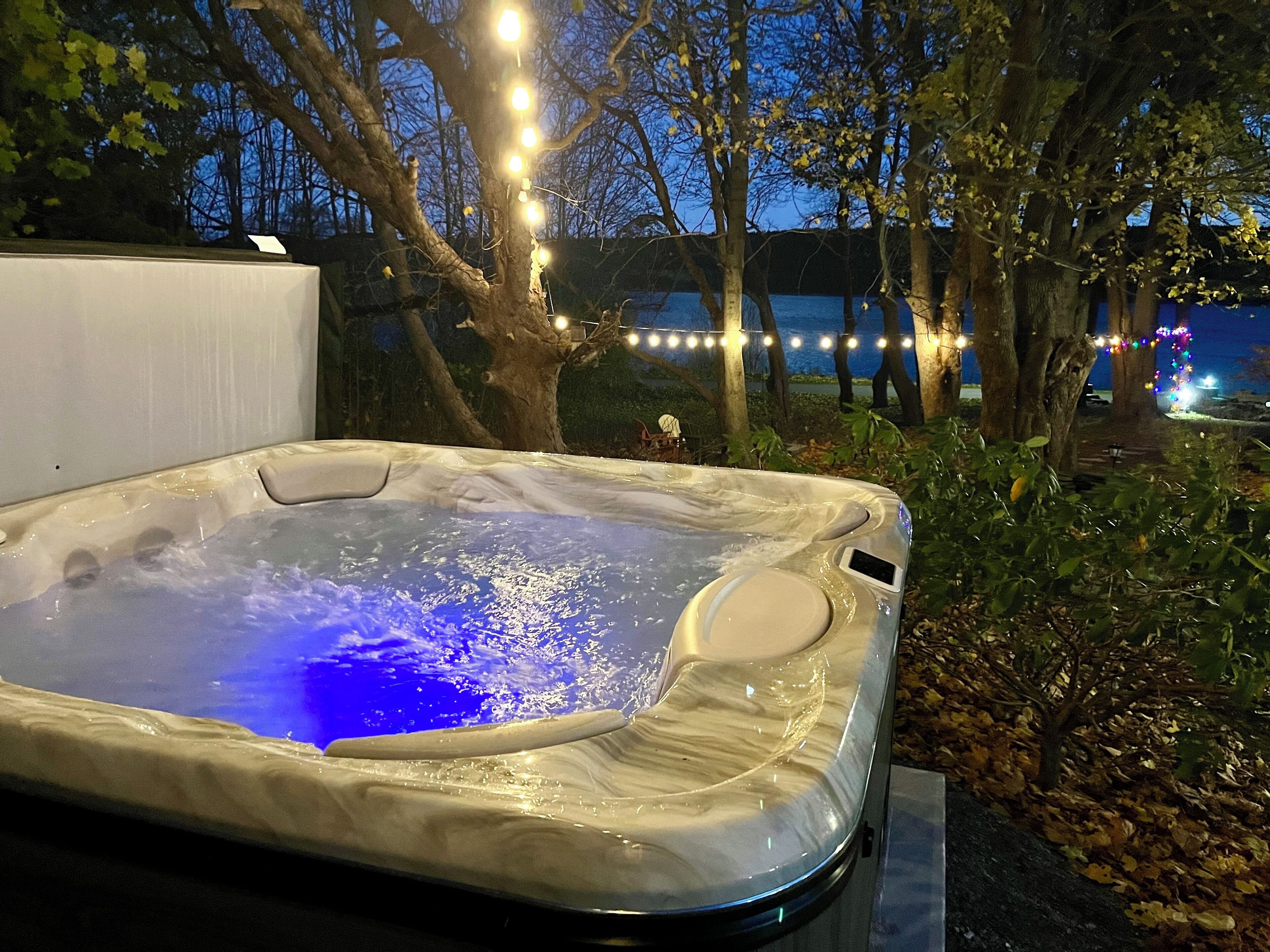 A hot tub with a view of a body of water and trees at dusk.