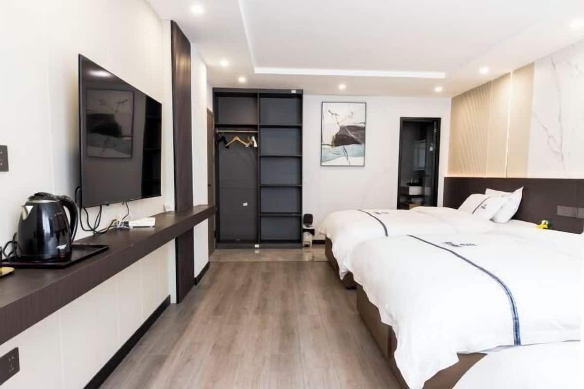 A modern hotel room with a large bed, a desk with a coffee maker, a TV, and a wardrobe.