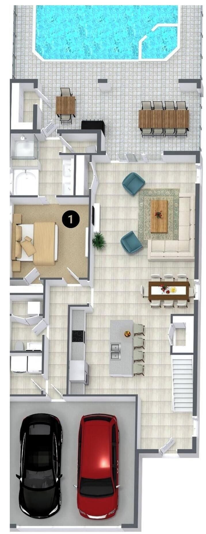 Distribución residencial de dos plantas con piscina, dos automóviles y zona de comedor.