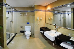 A modern bathroom with a glass shower enclosure, a white toilet, a black sink, and a large mirror.