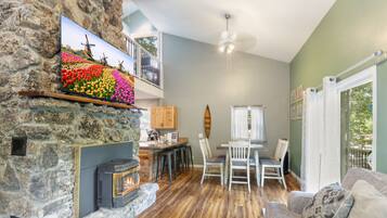 Smart TV, lareira, livros, videoteca