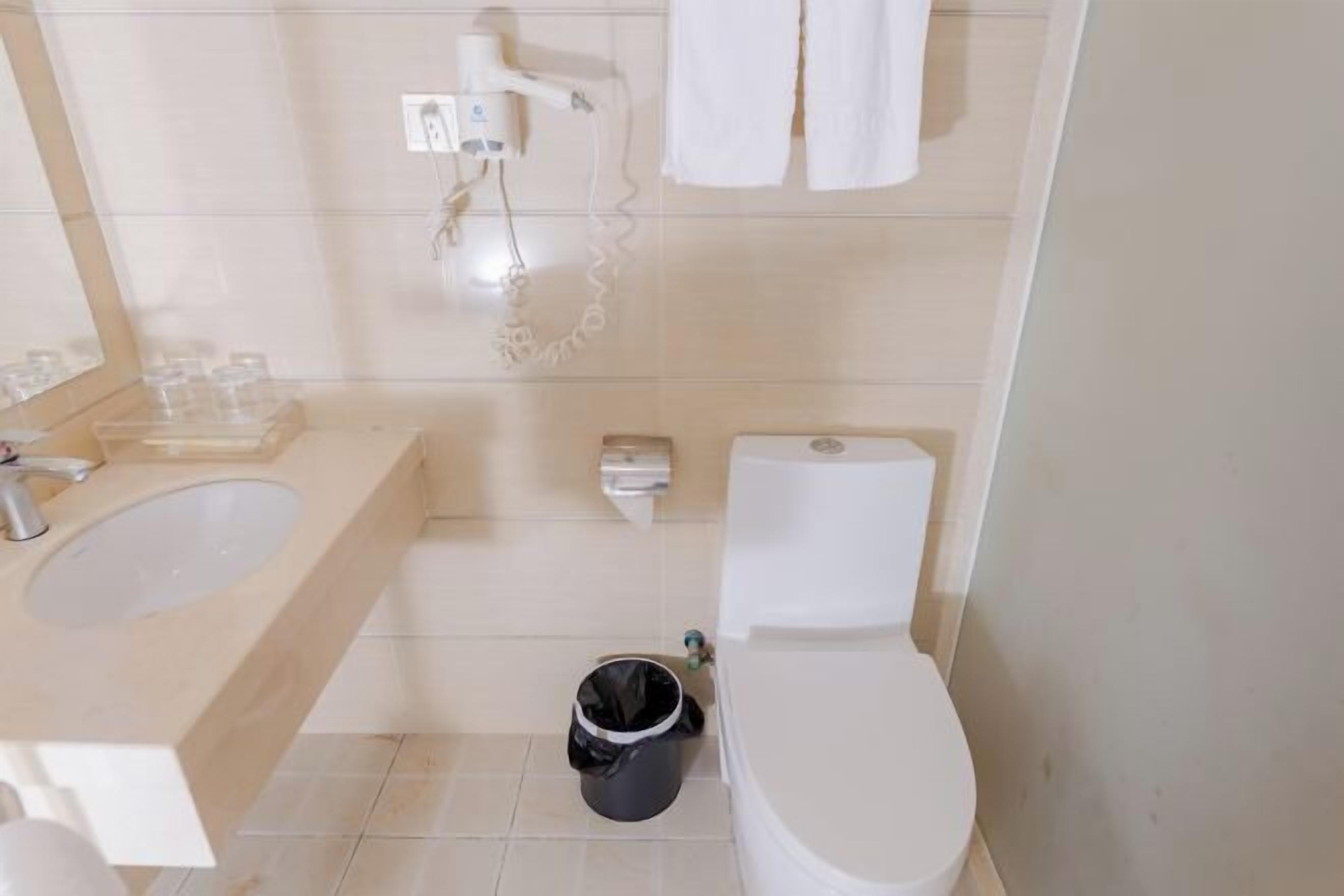 A bathroom with a sink, toilet, and a hairdryer on the wall.
